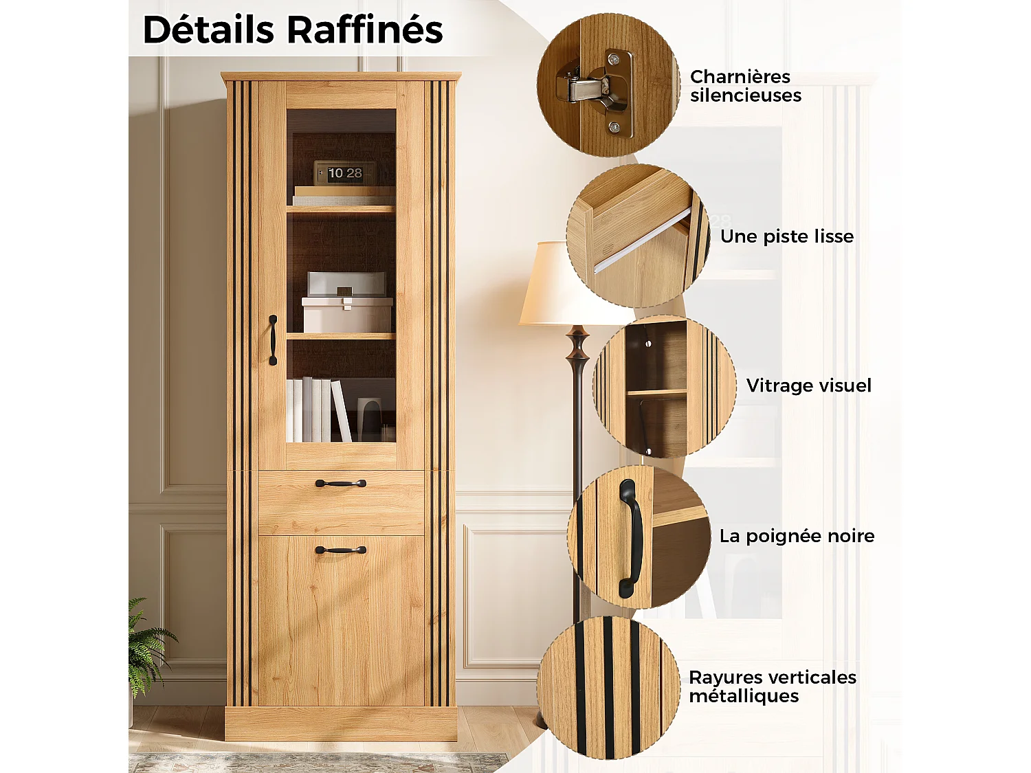 Parrot Uncle Vitrine haute 62×41×180cm en panneau de particules, porte vitrée, éclairage LED pilotable par app, tiroir et rangement fermé