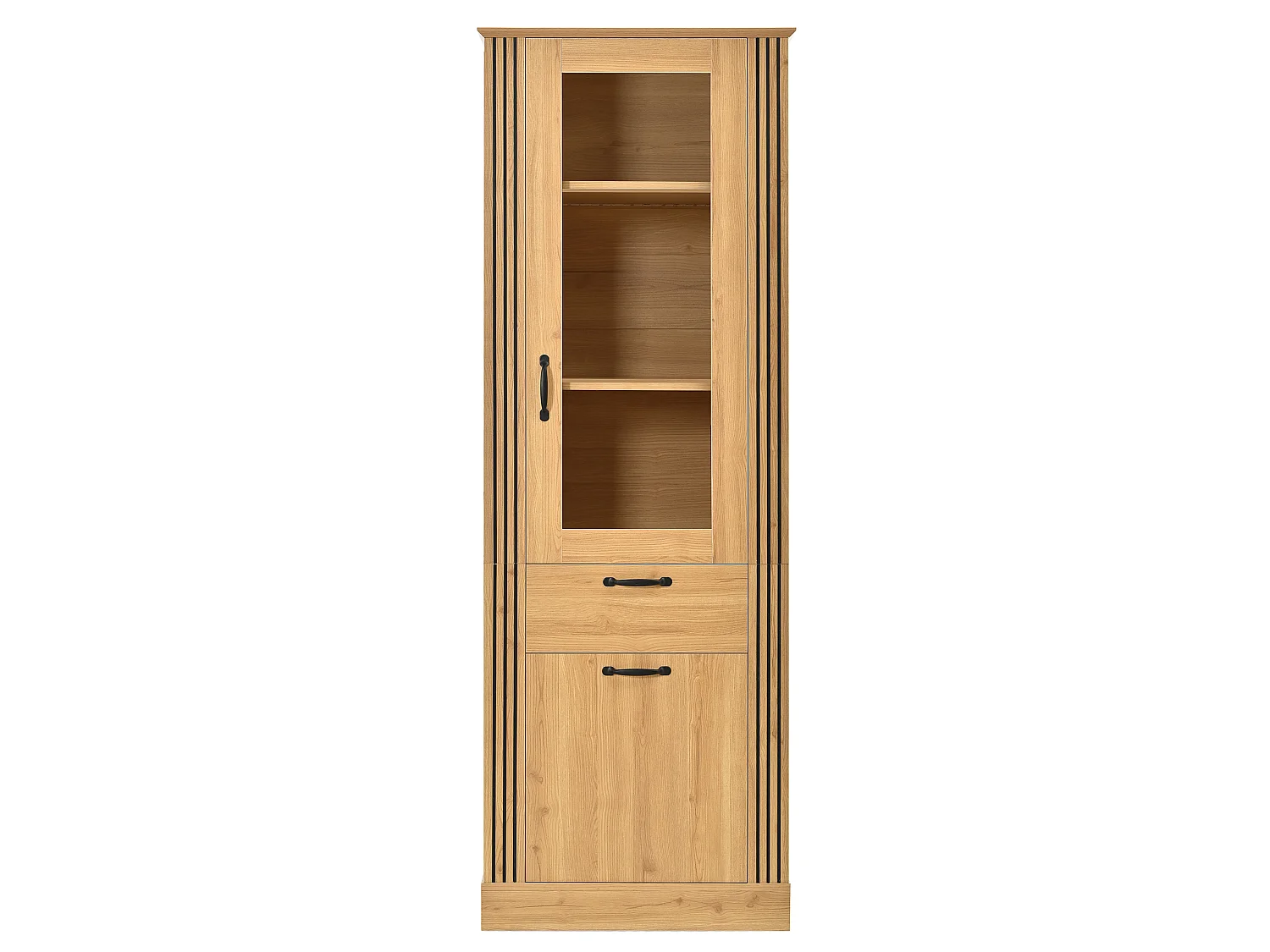 Parrot Uncle Vitrine haute 62×41×180cm en panneau de particules, porte vitrée, éclairage LED pilotable par app, tiroir et rangement fermé