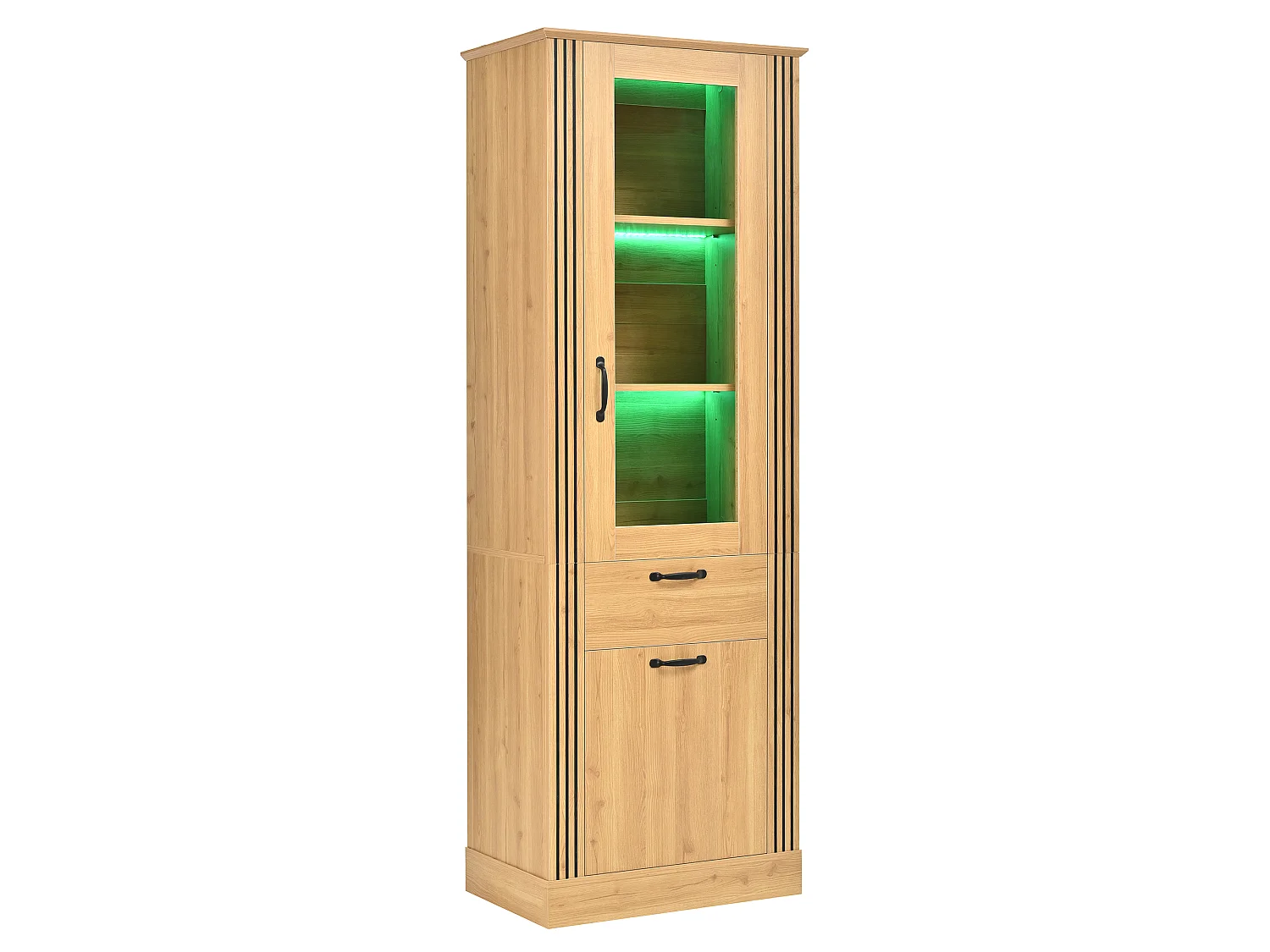 Parrot Uncle Vitrine haute 62×41×180cm en panneau de particules, porte vitrée, éclairage LED pilotable par app, tiroir et rangement fermé