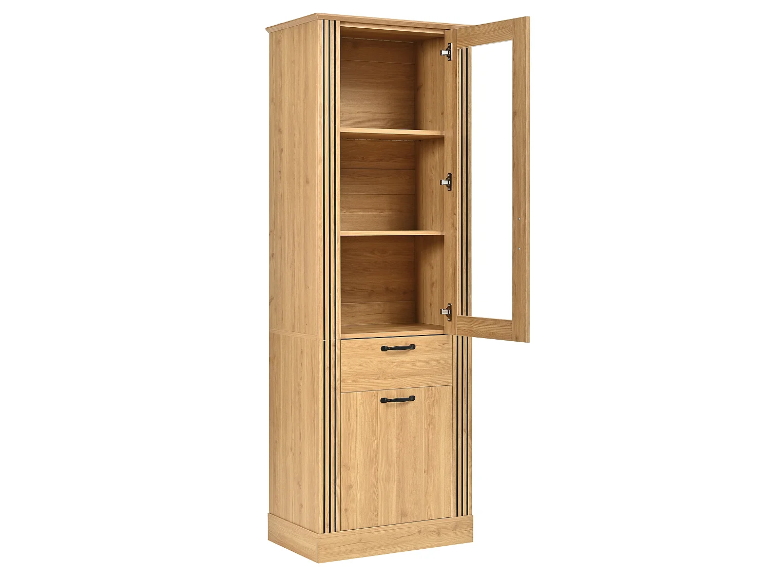 Parrot Uncle Vitrine haute 62×41×180cm en panneau de particules, porte vitrée, éclairage LED pilotable par app, tiroir et rangement fermé