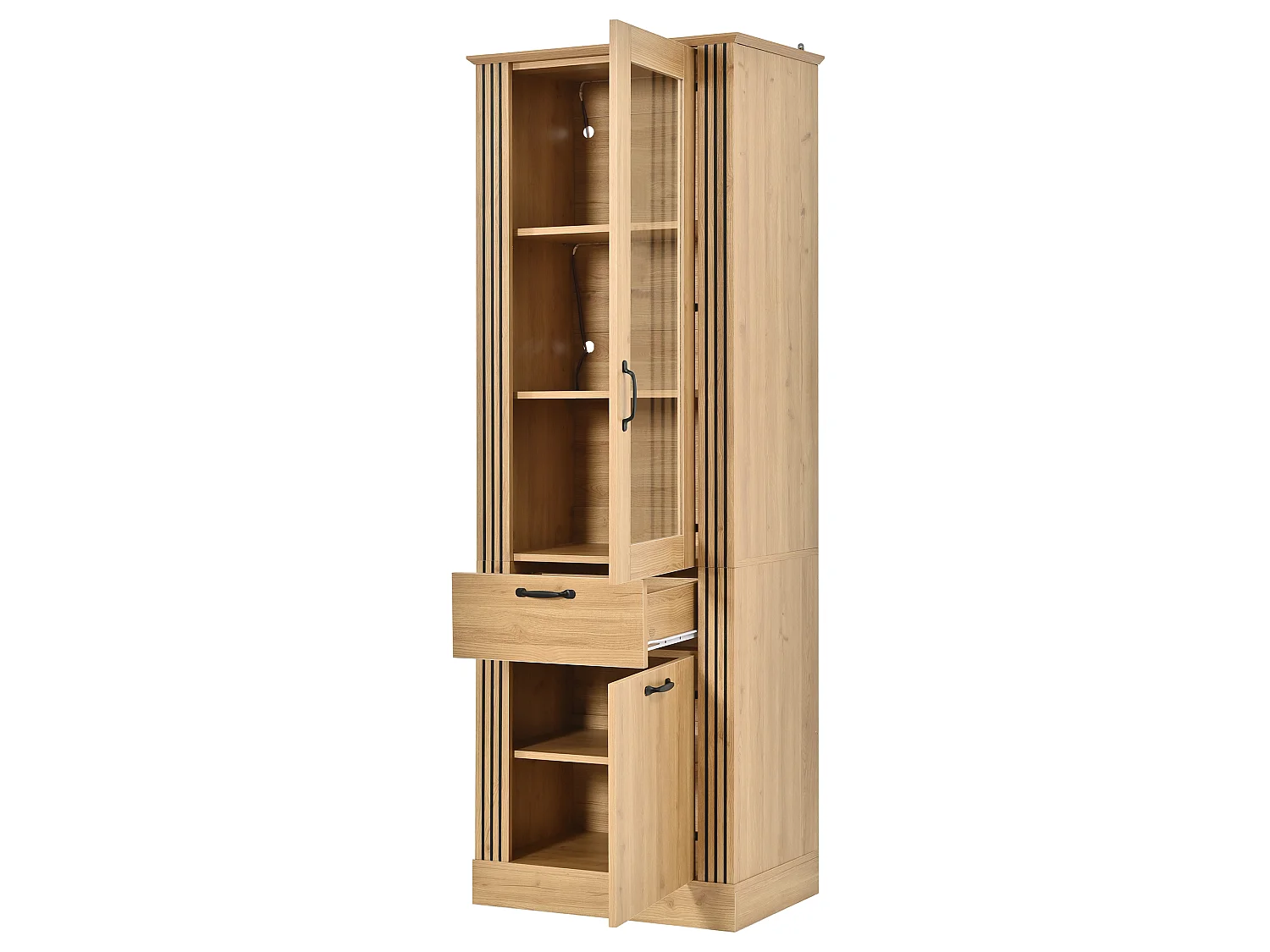 Parrot Uncle Vitrine haute 62×41×180cm en panneau de particules, porte vitrée, éclairage LED pilotable par app, tiroir et rangement fermé