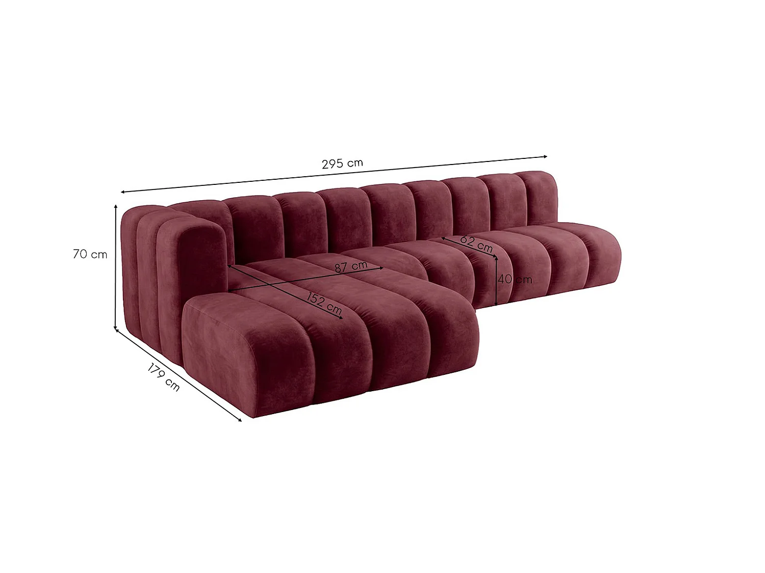 Canapé d’angle modulable en L, tissu velours Riviera, Bordeaux, gauche, GRAND 295 cm