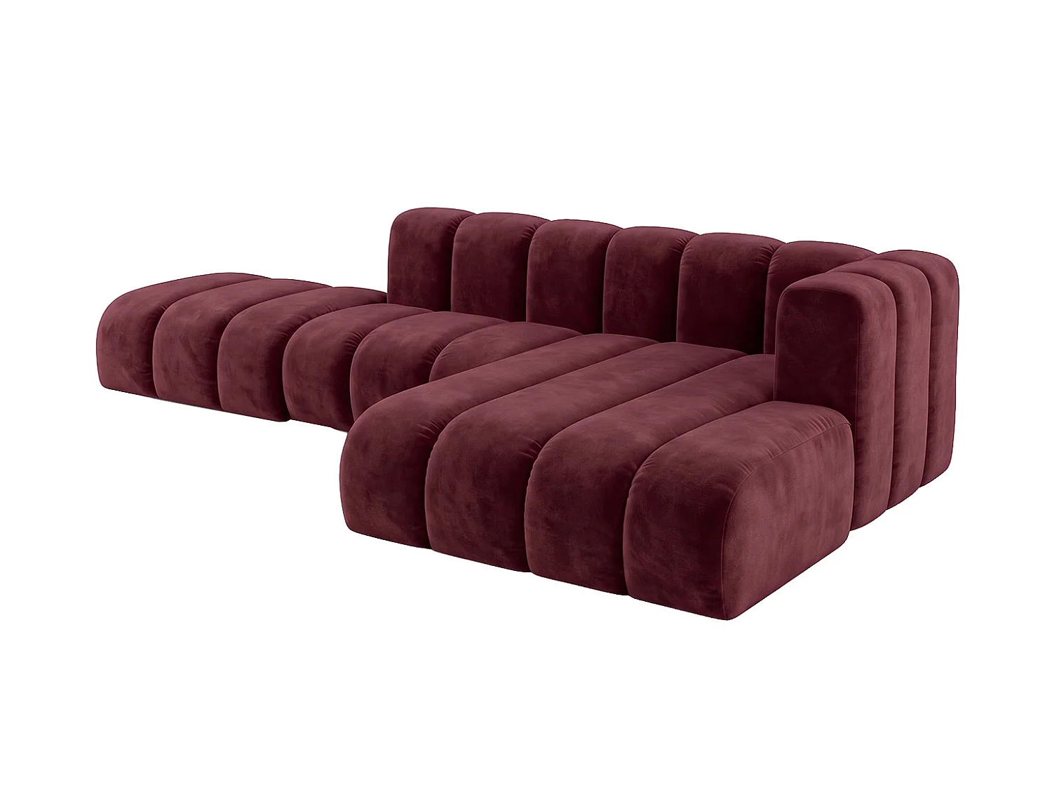 Canapé d’angle modulable en L avec pouf, tissu velours Riviera, Bordeaux, droite, GRAND Mini