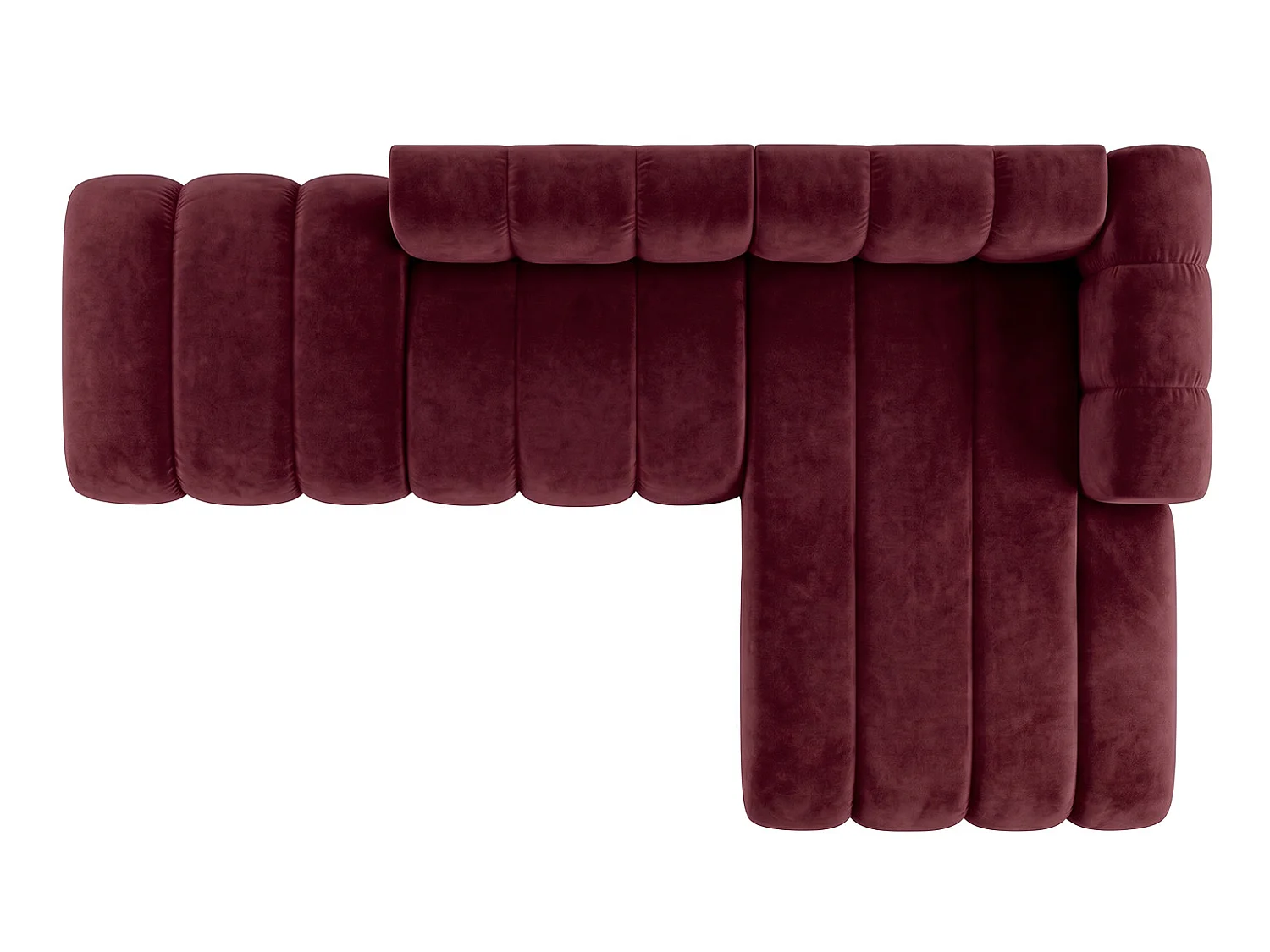 Canapé d’angle modulable en L avec pouf, tissu velours Riviera, Bordeaux, droite, GRAND Mini