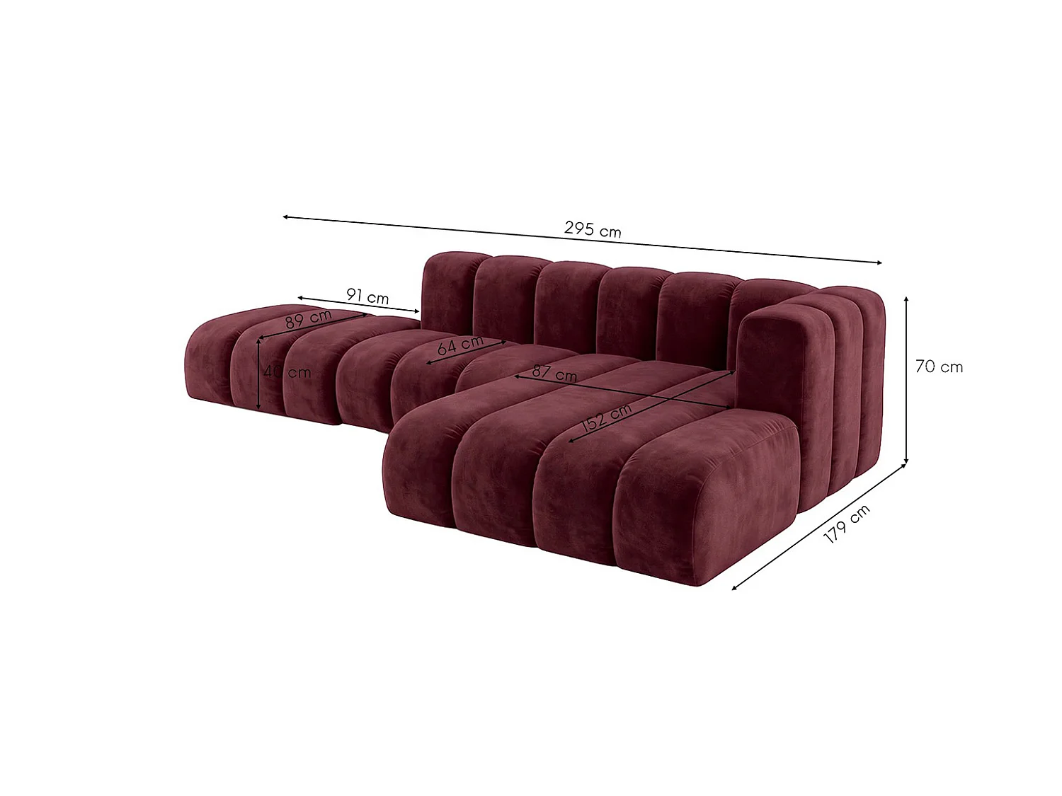 Canapé d’angle modulable en L avec pouf, tissu velours Riviera, Bordeaux, droite, GRAND Mini