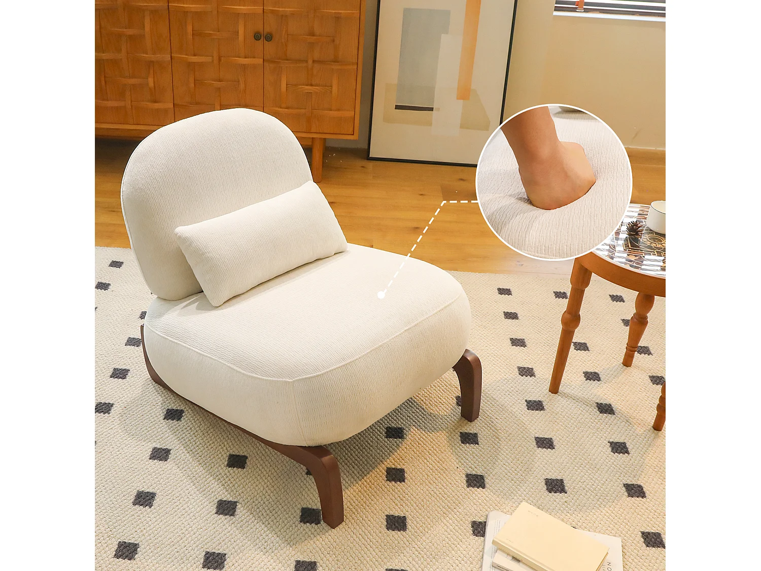 Parrot Uncle Fauteuil d’appoint sans accoudoirs, revêtement tissu doux, pieds en bois massif, 86.9×72.1×69.9cm, style organique blanc