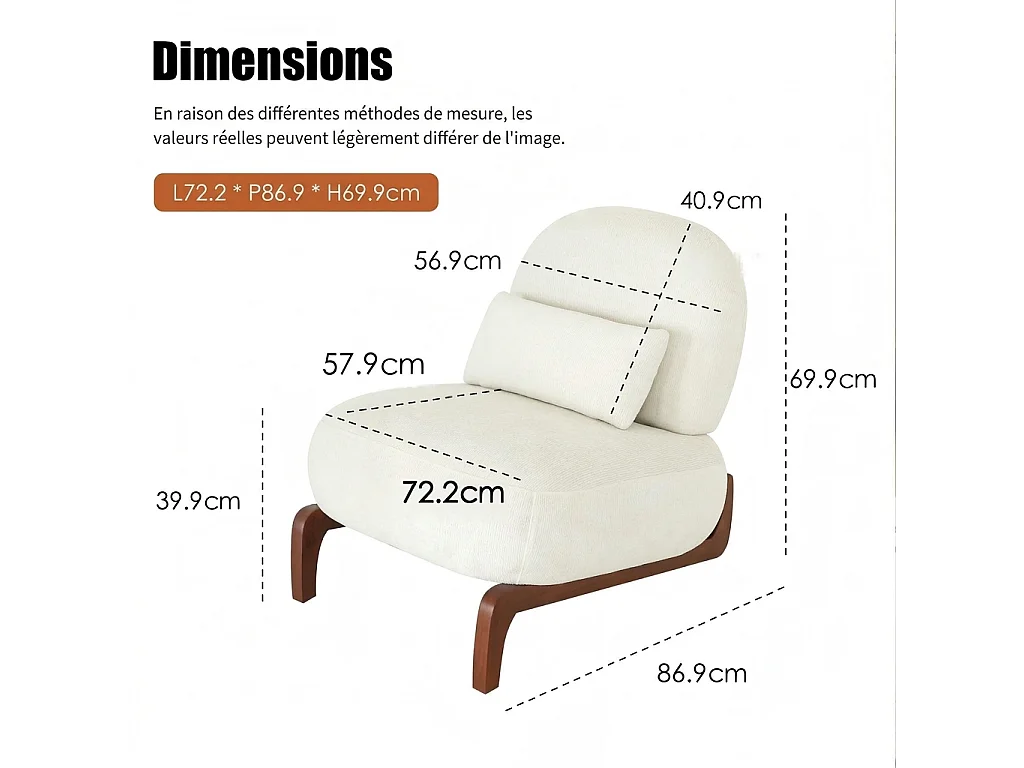 Parrot Uncle Fauteuil d’appoint sans accoudoirs, revêtement tissu doux, pieds en bois massif, 86.9×72.1×69.9cm, style organique blanc