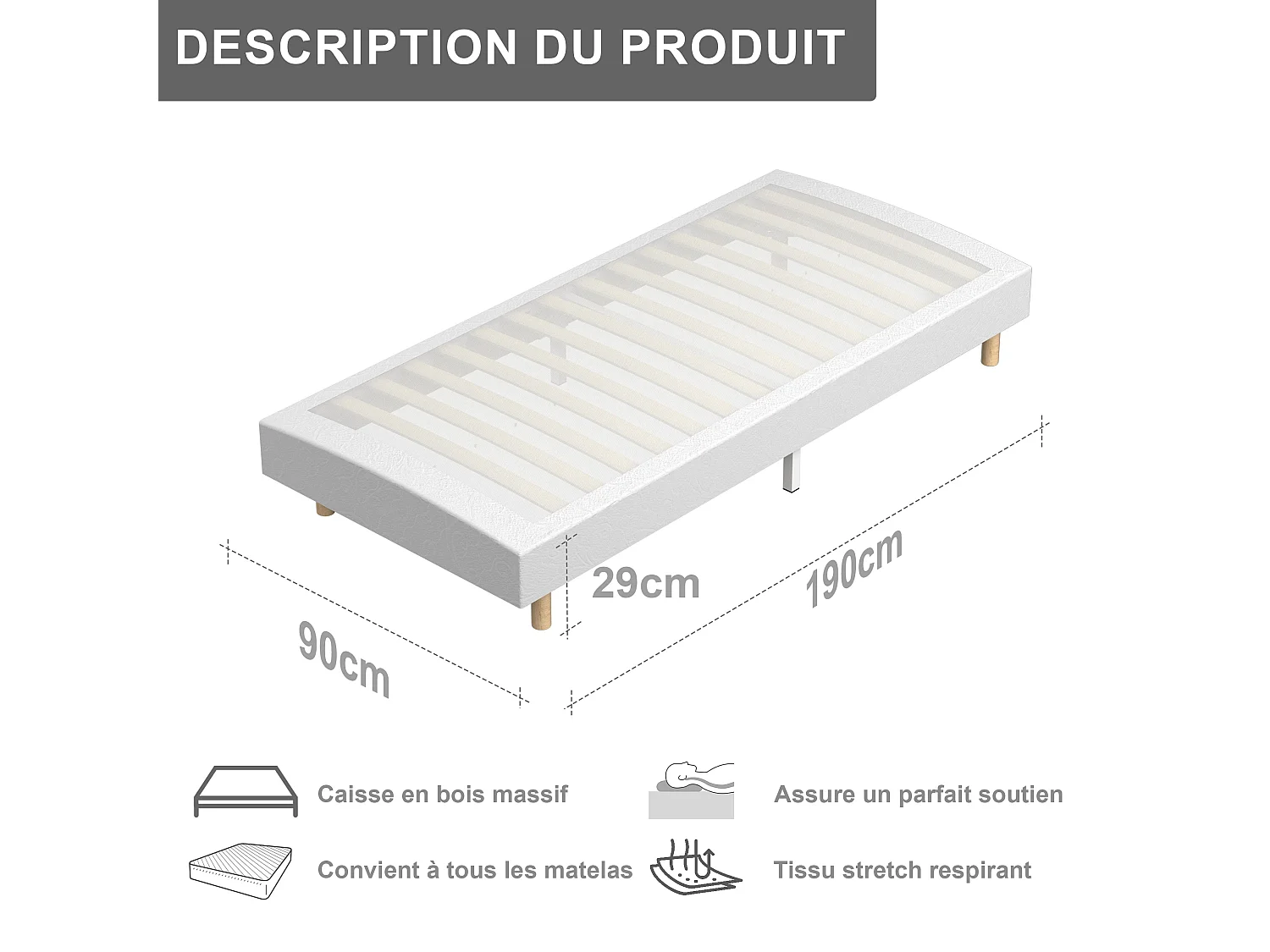 Ensemble matelas et sommier 90×190 cm, 6 pieds fournis (matelas de 20 cm d'épaisseur + sommier