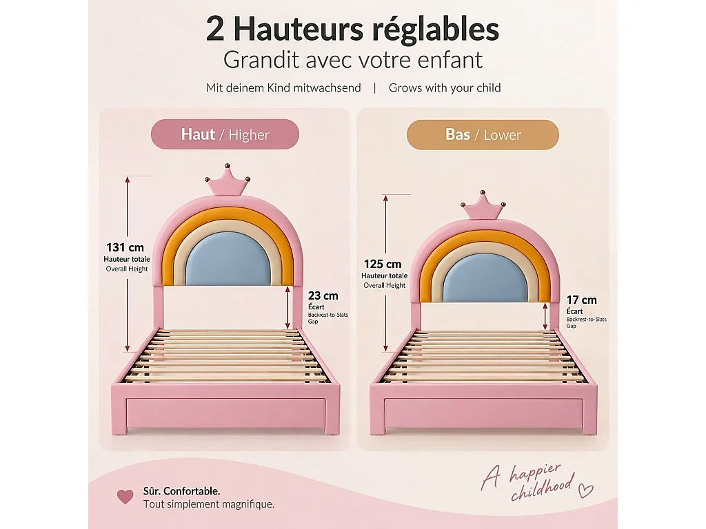 Parrot Uncle Lit enfant capitonné, tête de lit arc-en-ciel et couronne réglable en 2 hauteurs, tiroir de rangement, revêtement PU 90x200 cm rose