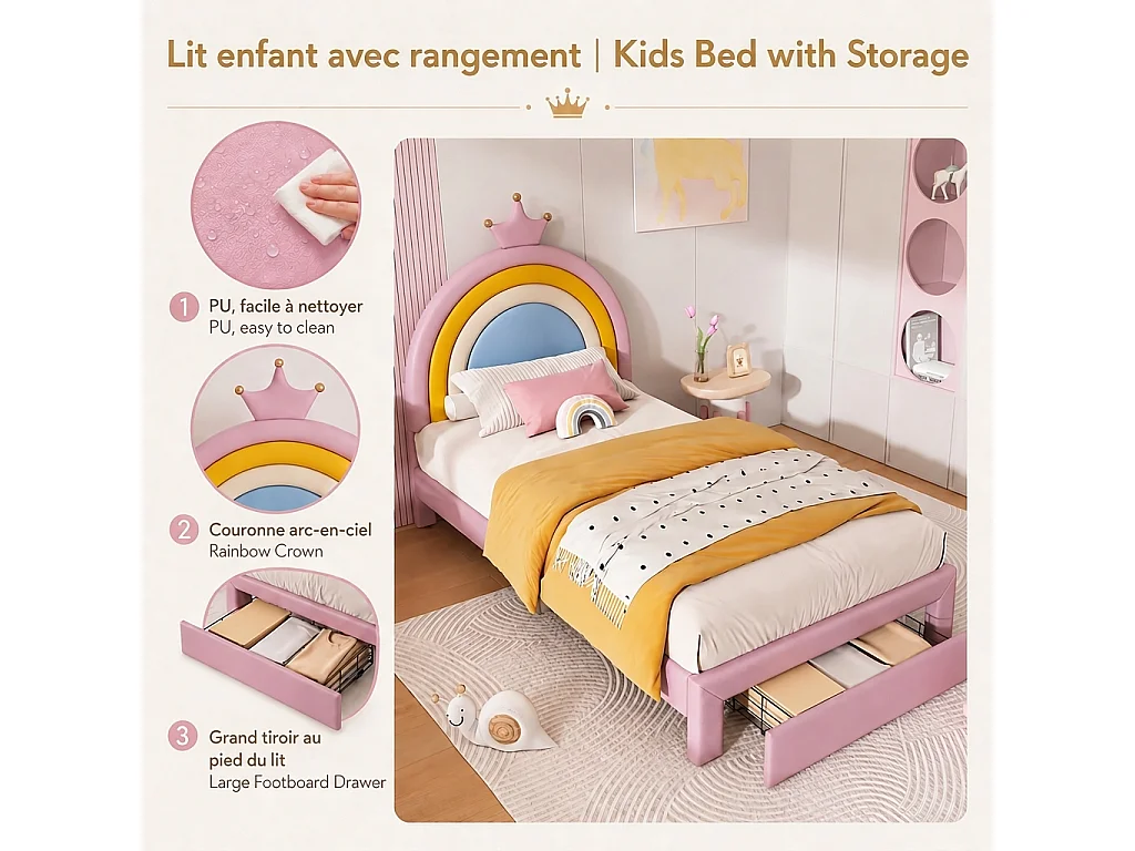 Parrot Uncle Lit enfant capitonné, tête de lit arc-en-ciel et couronne réglable en 2 hauteurs, tiroir de rangement, revêtement PU 90x200 cm rose