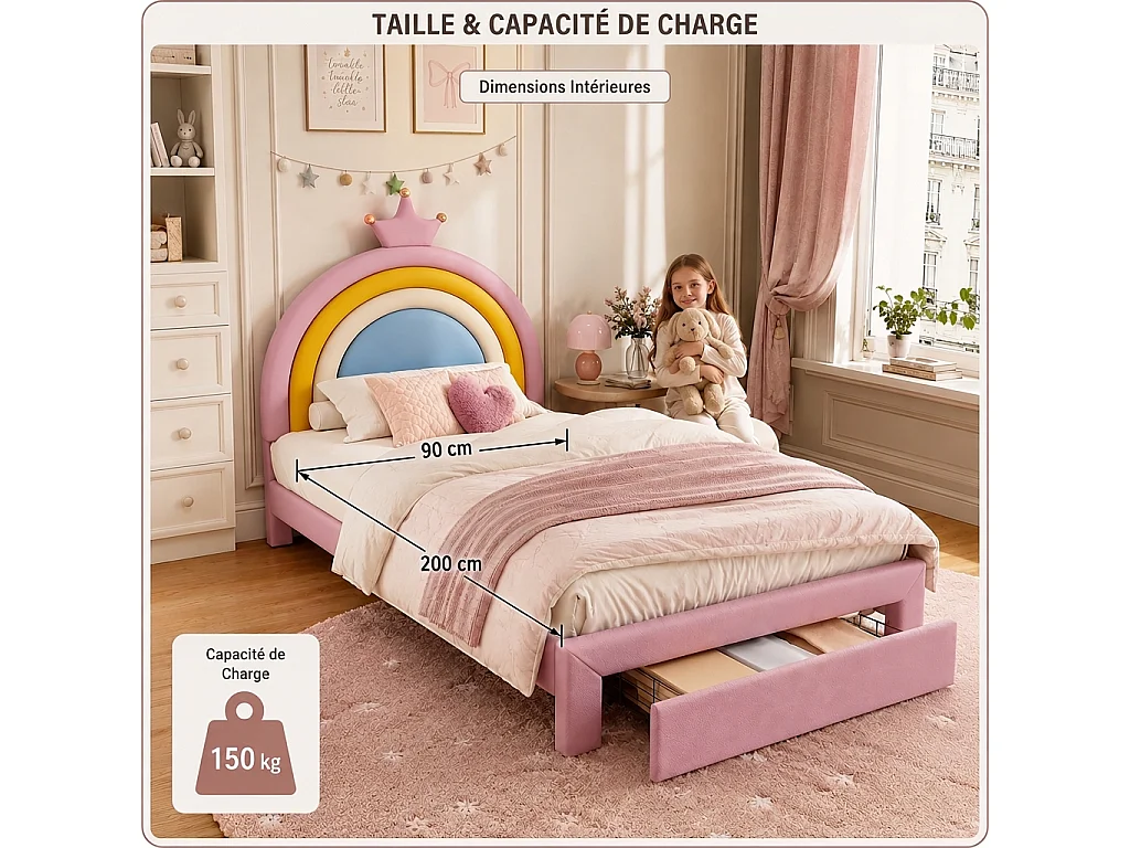 Parrot Uncle Lit enfant capitonné, tête de lit arc-en-ciel et couronne réglable en 2 hauteurs, tiroir de rangement, revêtement PU 90x200 cm rose