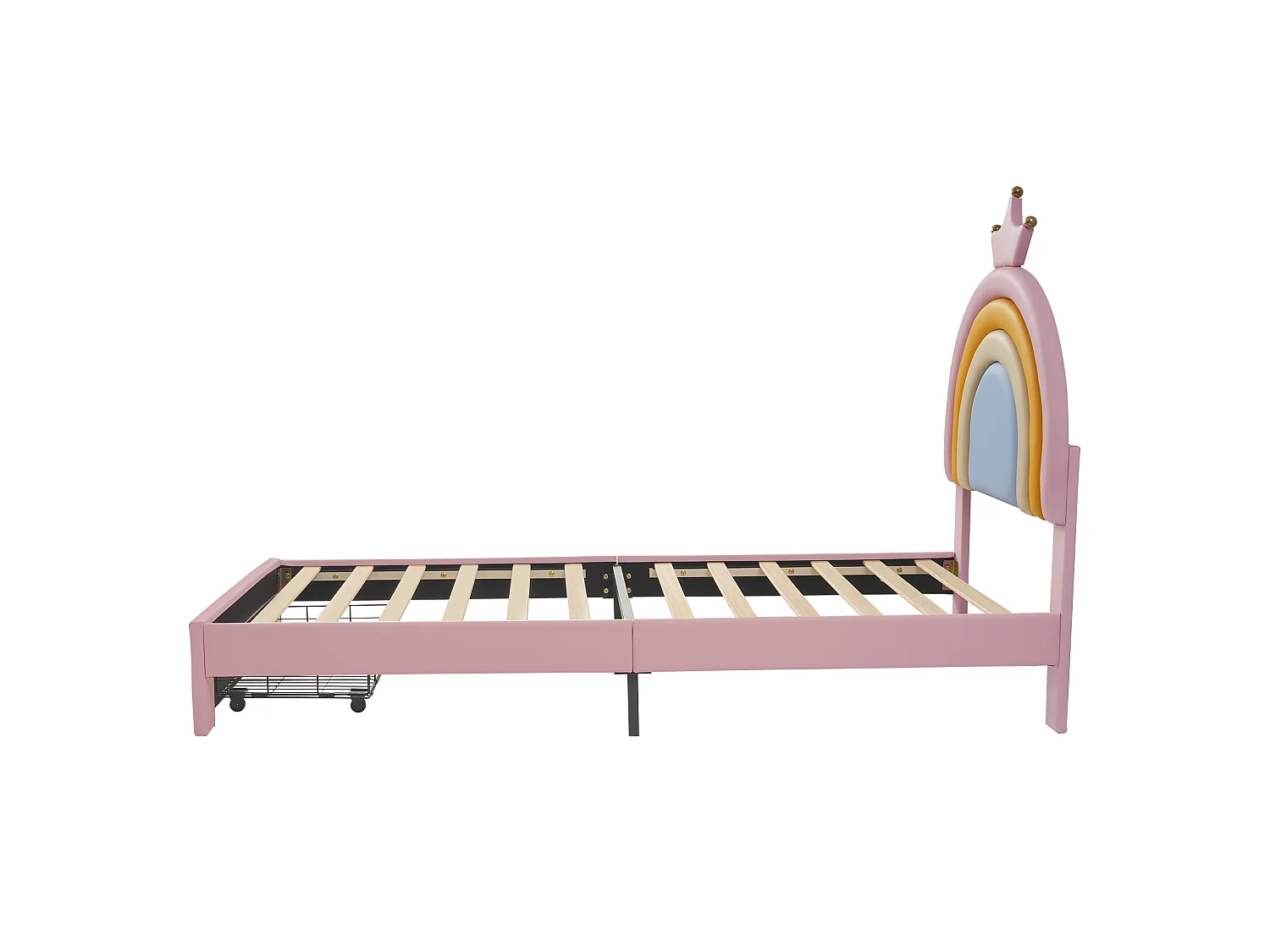 Parrot Uncle Lit enfant capitonné, tête de lit arc-en-ciel et couronne réglable en 2 hauteurs, tiroir de rangement, revêtement PU 90x200 cm rose