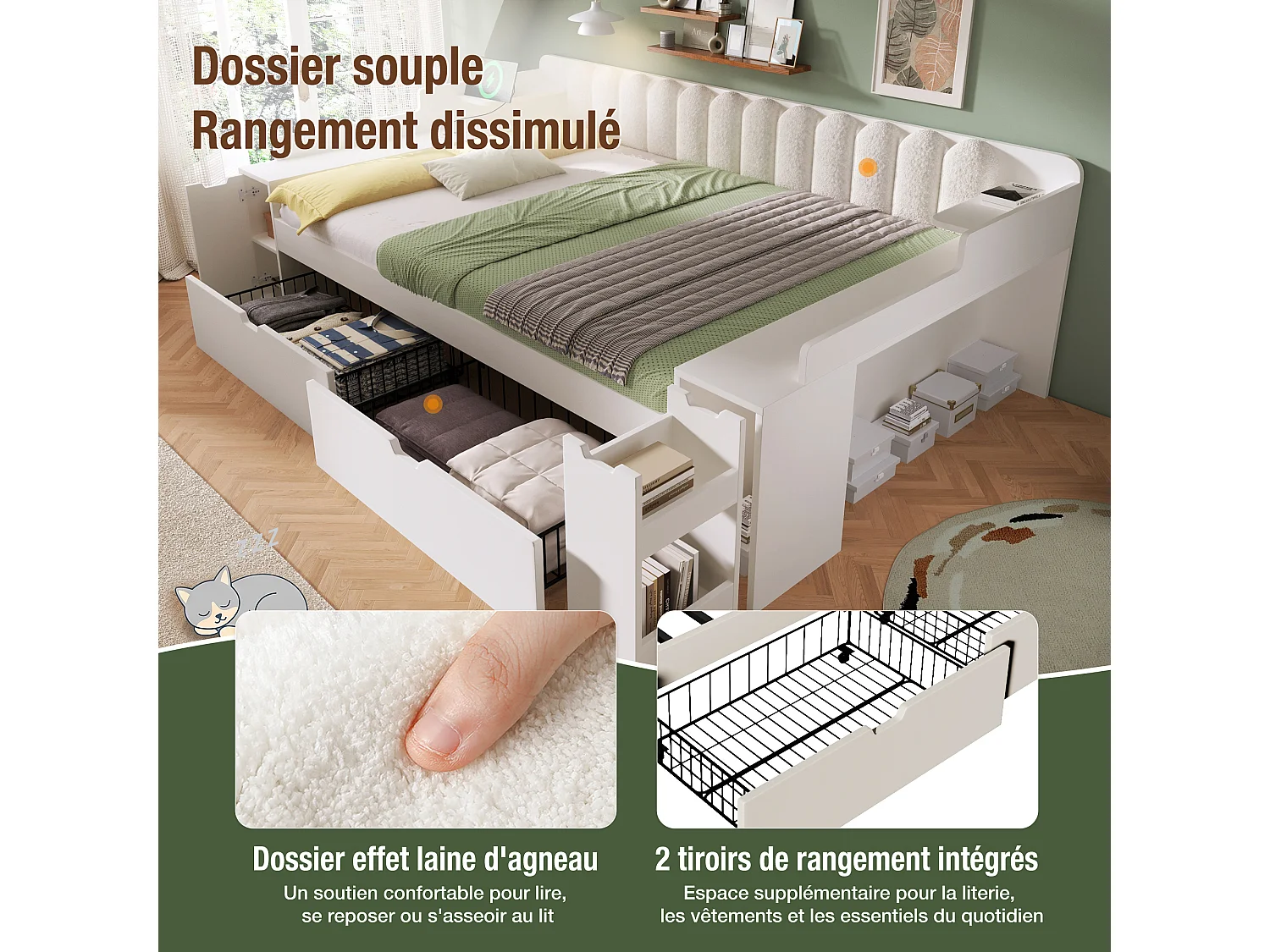 Parrot Uncle Lit de jour multifonction, cadre bois sommier métallique, station recharge, tiroirs à roulettes, rangements modulables, 140×190cm, dossier sherpa blanc