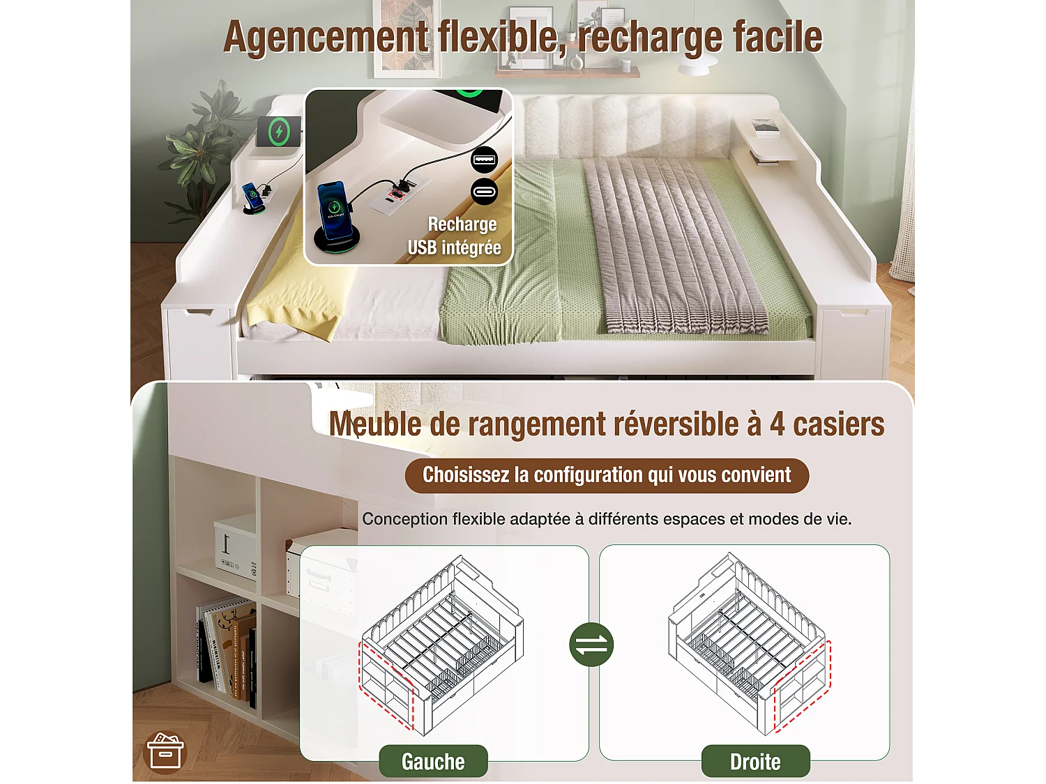 Parrot Uncle Lit de jour multifonction, cadre bois sommier métallique, station recharge, tiroirs à roulettes, rangements modulables, 140×190cm, dossier sherpa blanc
