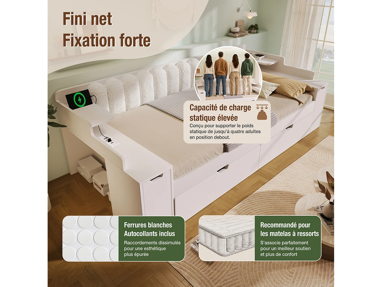 Parrot Uncle Lit de jour multifonction, cadre bois sommier métallique, station recharge, tiroirs à roulettes, rangements modulables, 140×190cm, dossier sherpa blanc