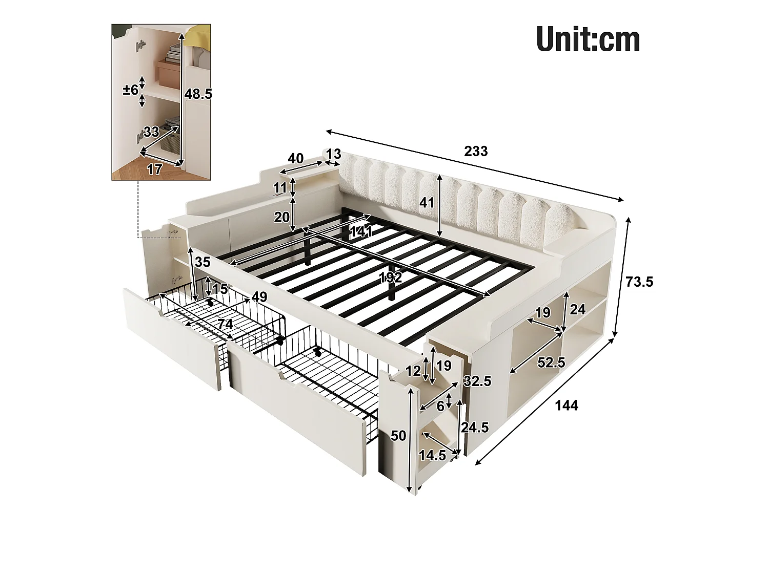 Parrot Uncle Lit de jour multifonction, cadre bois sommier métallique, station recharge, tiroirs à roulettes, rangements modulables, 140×190cm, dossier sherpa blanc
