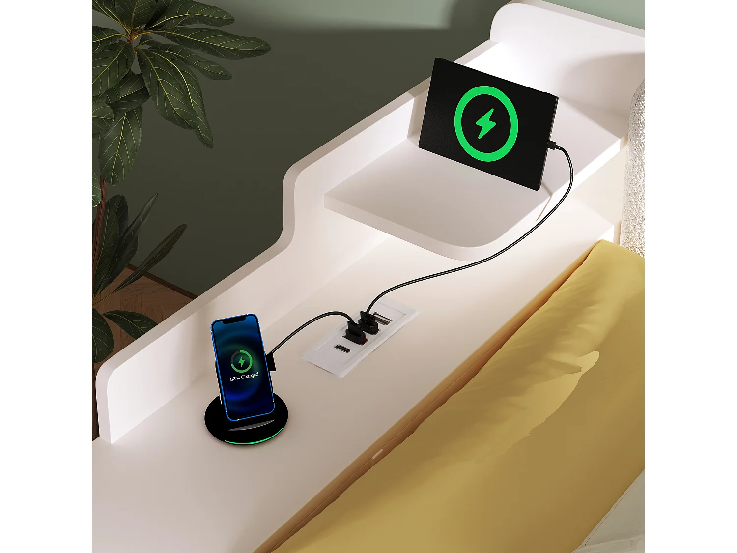 Parrot Uncle Lit de jour multifonction, cadre bois sommier métallique, station recharge, tiroirs à roulettes, rangements modulables, 140×190cm, dossier sherpa blanc