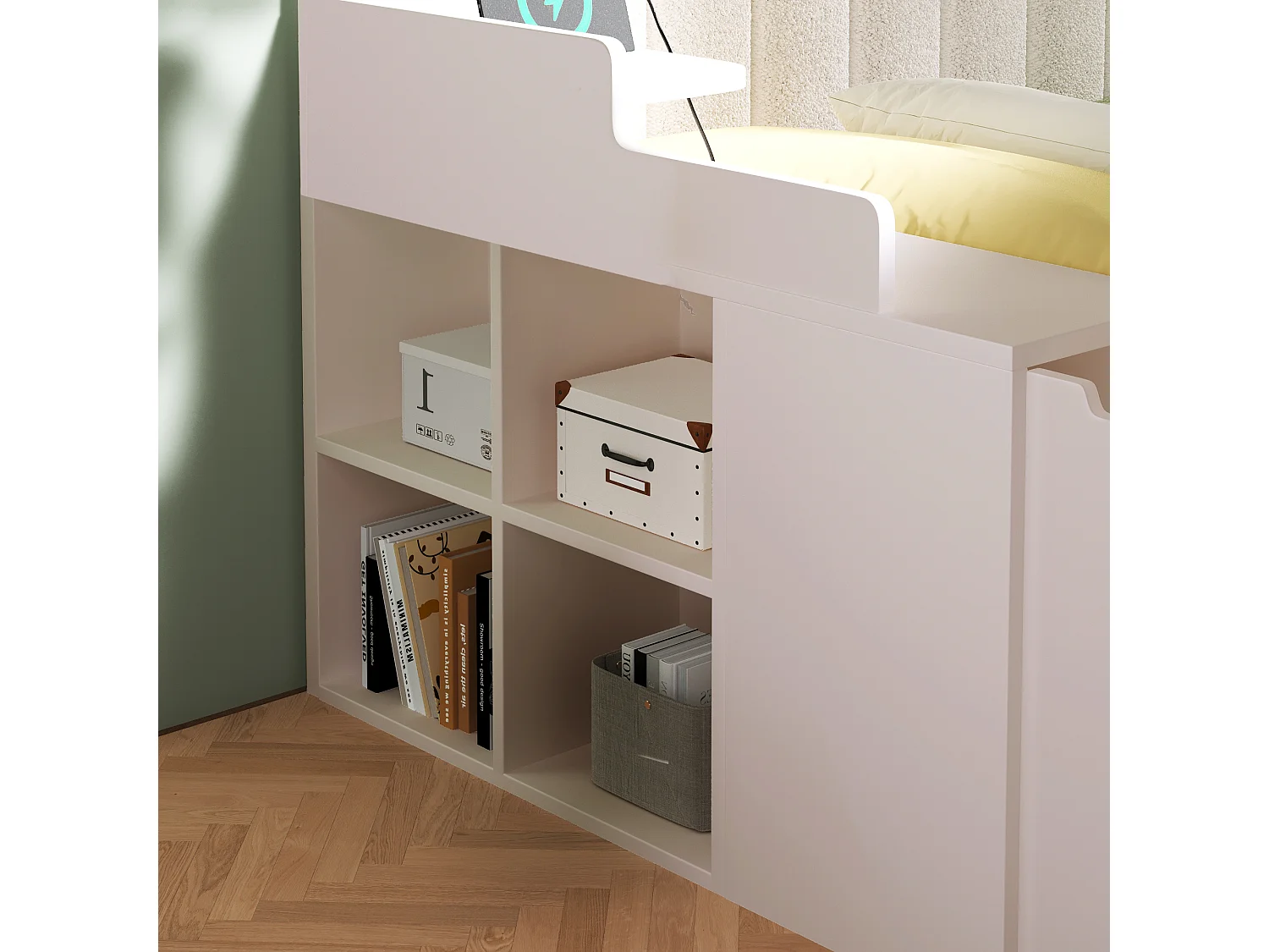 Parrot Uncle Lit de jour multifonction, cadre bois sommier métallique, station recharge, tiroirs à roulettes, rangements modulables, 140×190cm, dossier sherpa blanc