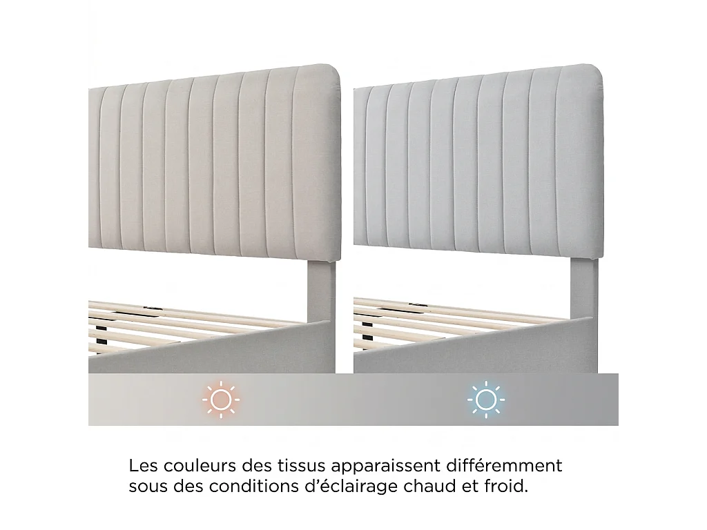 Parrot Uncle Lit double rembourré, cadre à sommier latté tête de lit réglable, 140×190cm, style minimaliste beige lin