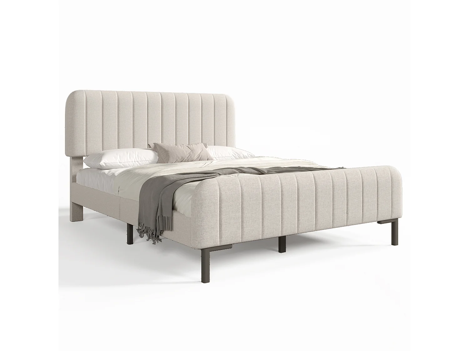 Parrot Uncle Lit double rembourré, cadre à sommier latté tête de lit réglable, 140×190cm, style minimaliste beige lin