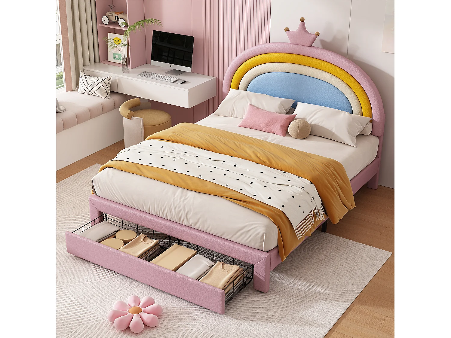 Parrot Uncle Lit enfant capitonné 140×200cm, tête de lit arc-en-ciel couronne, 2 tiroirs de rangement, revêtement PU, hauteur réglable, rose