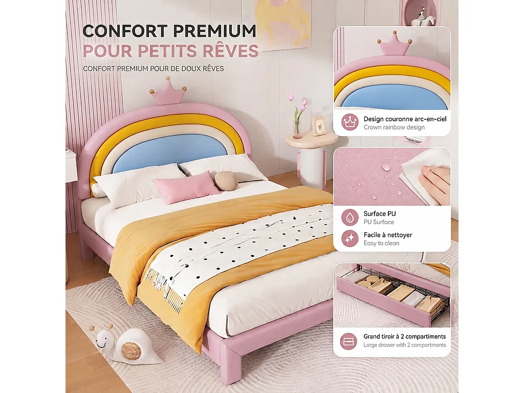 Parrot Uncle Lit enfant capitonné 140×200cm, tête de lit arc-en-ciel couronne, 2 tiroirs de rangement, revêtement PU, hauteur réglable, rose