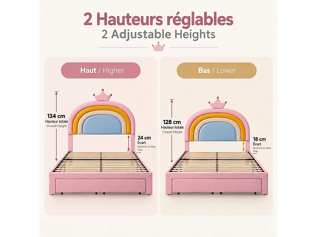 Parrot Uncle Lit enfant capitonné 140×200cm, tête de lit arc-en-ciel couronne, 2 tiroirs de rangement, revêtement PU, hauteur réglable, rose