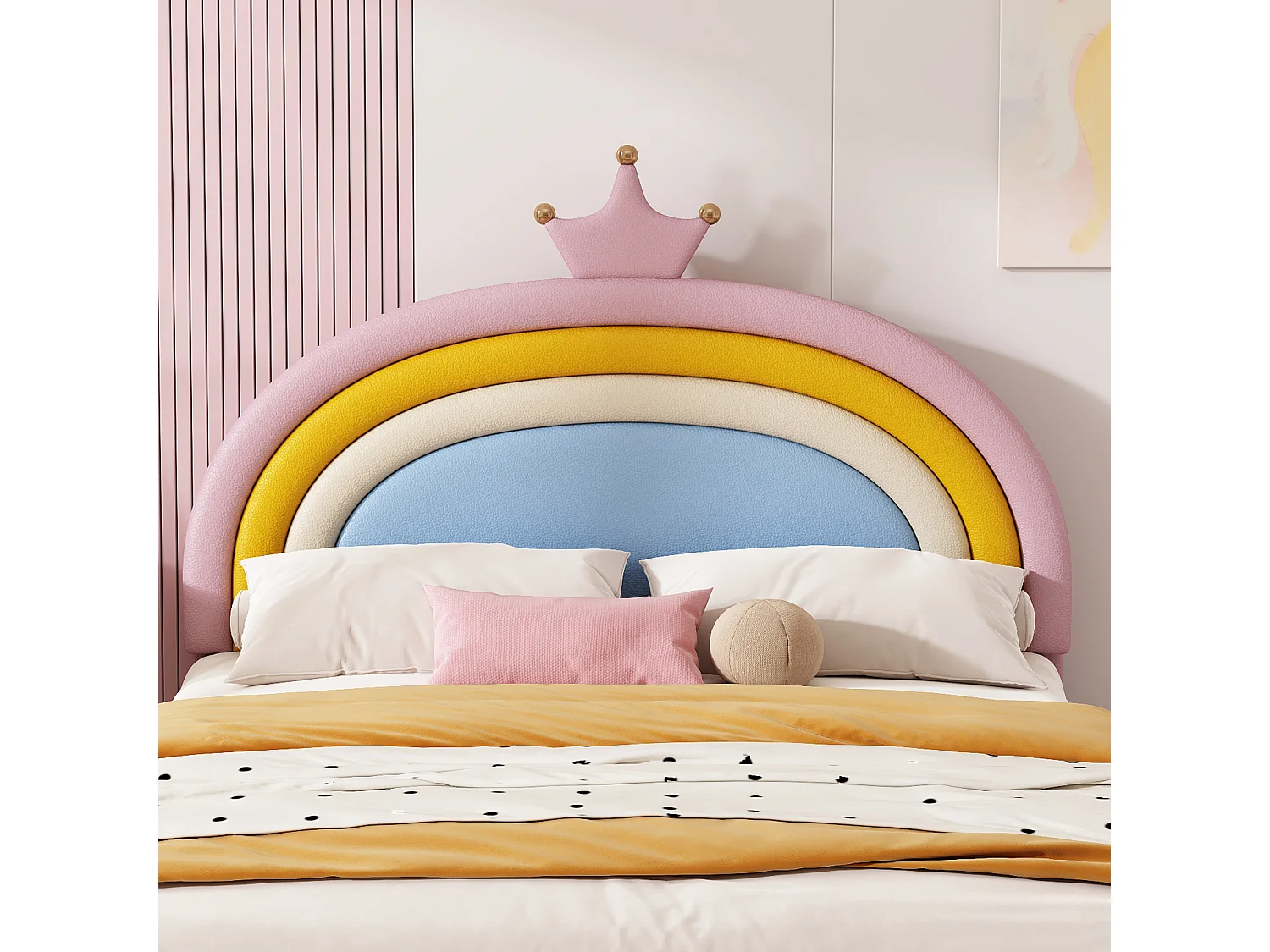 Parrot Uncle Lit enfant capitonné 140×200cm, tête de lit arc-en-ciel couronne, 2 tiroirs de rangement, revêtement PU, hauteur réglable, rose