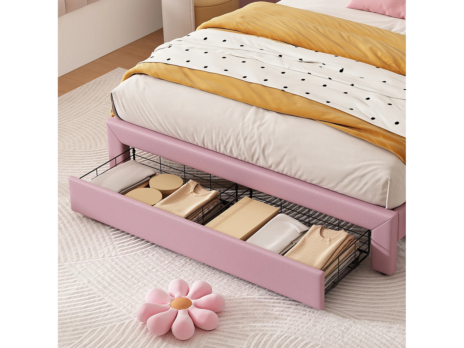 Parrot Uncle Lit enfant capitonné 140×200cm, tête de lit arc-en-ciel couronne, 2 tiroirs de rangement, revêtement PU, hauteur réglable, rose