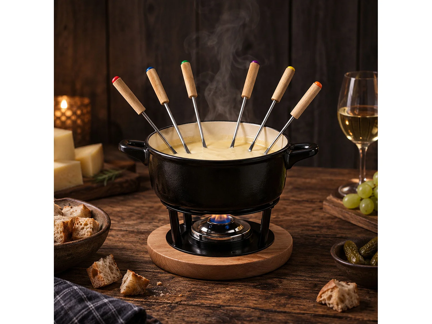 Menastyl - Fourchette à Fondue Montagne 6 Pièces En Acier Inoxydable Et Bois