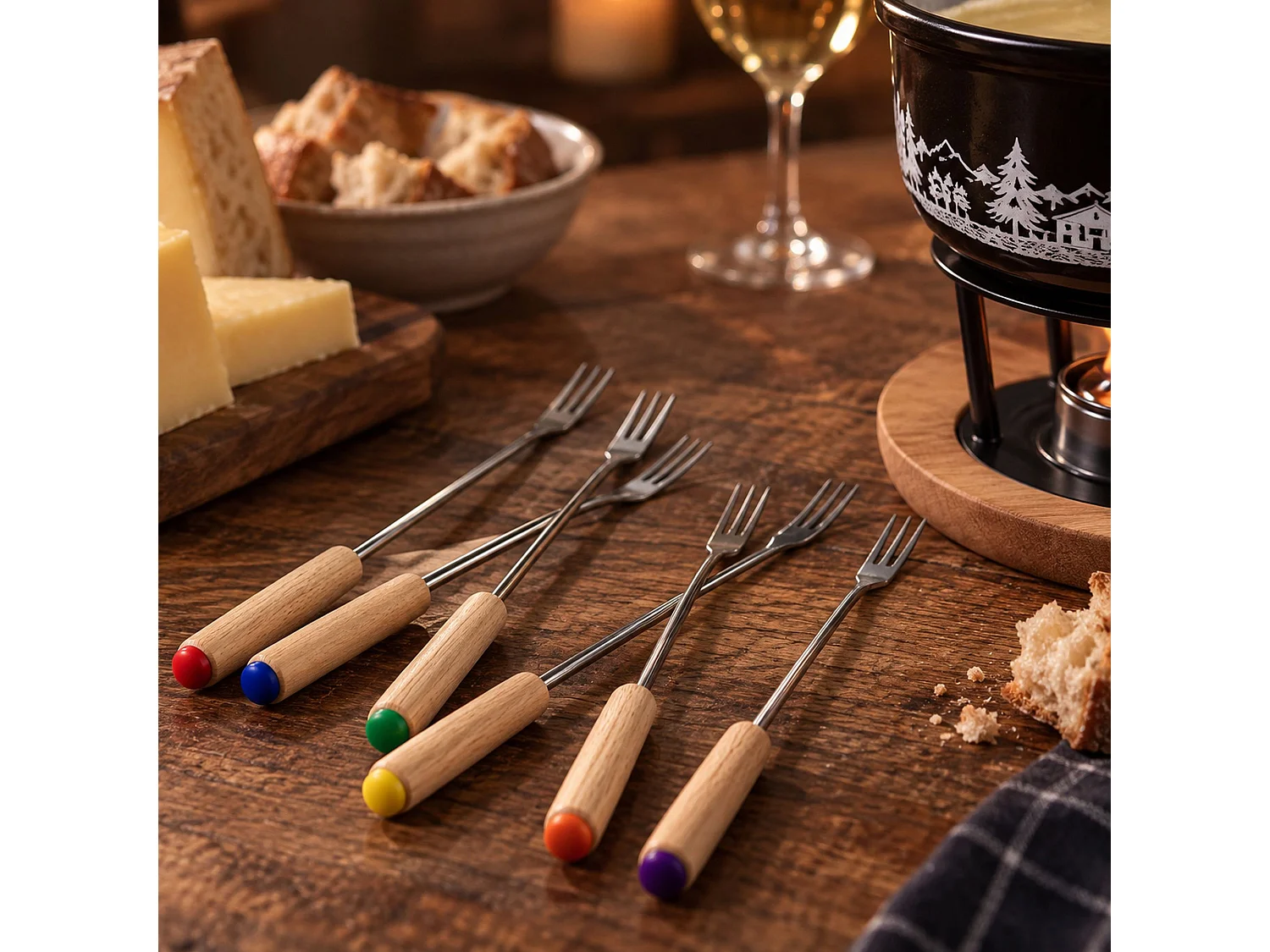 Menastyl - Fourchette à Fondue Montagne 6 Pièces En Acier Inoxydable Et Bois