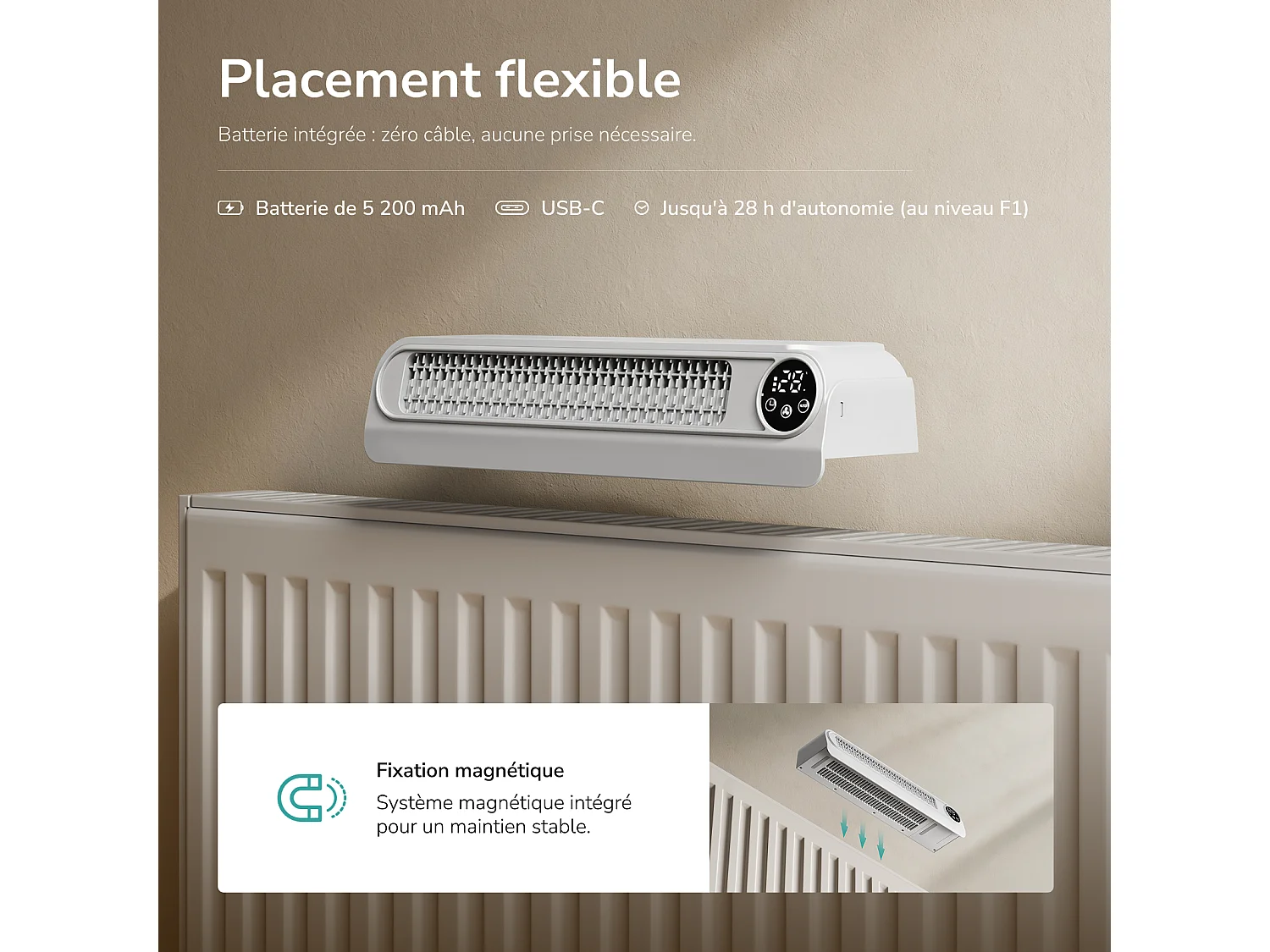 Ventilateur pour radiateur EMKE, 4 vitesses, mode automatique, batterie rechargeable, minuterie 2 à 12 h, blanc