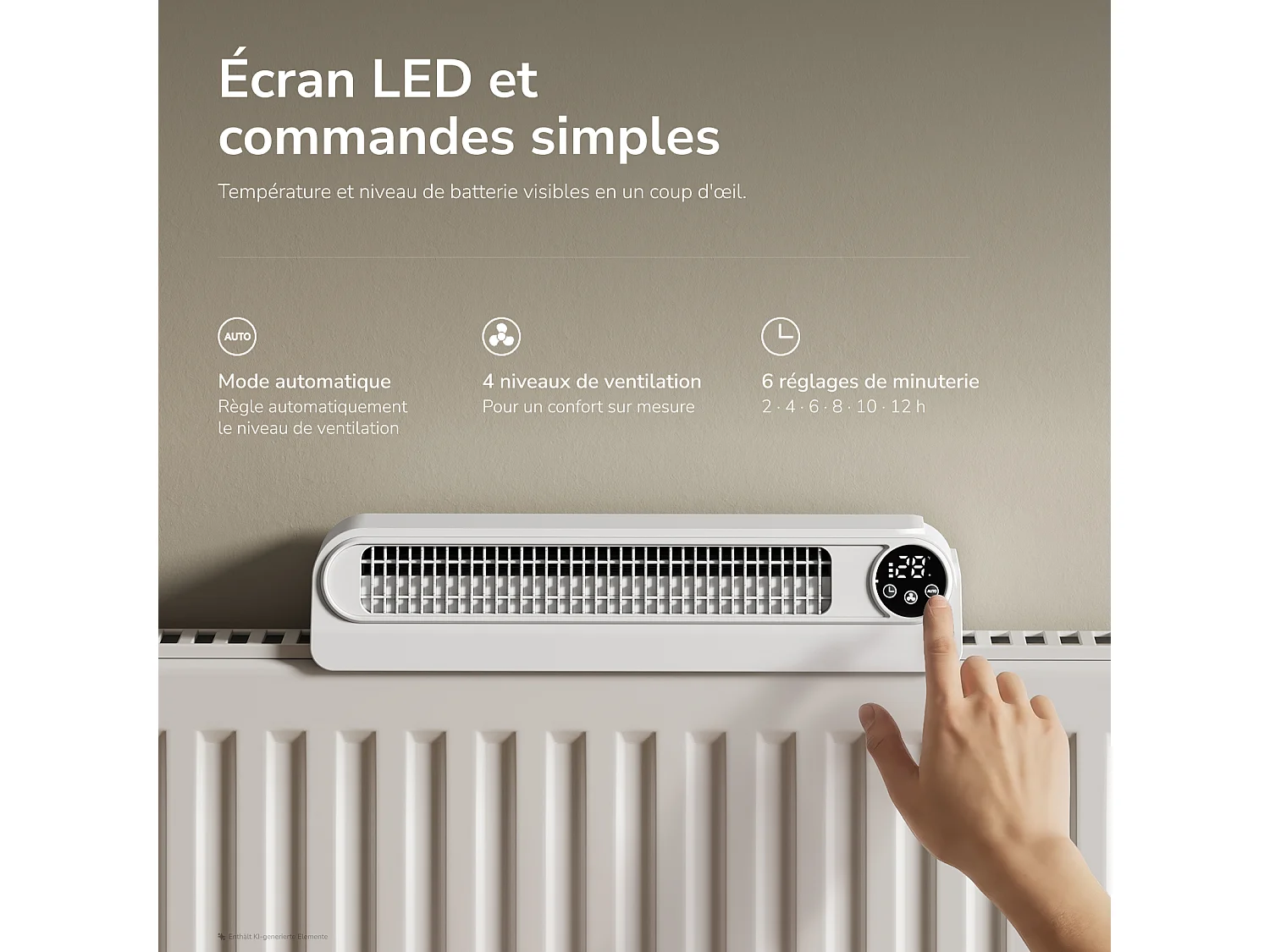 Ventilateur pour radiateur EMKE, 4 vitesses, mode automatique, batterie rechargeable, minuterie 2 à 12 h, blanc