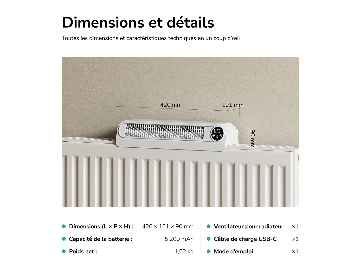 Ventilateur pour radiateur EMKE, 4 vitesses, mode automatique, batterie rechargeable, minuterie 2 à 12 h, blanc