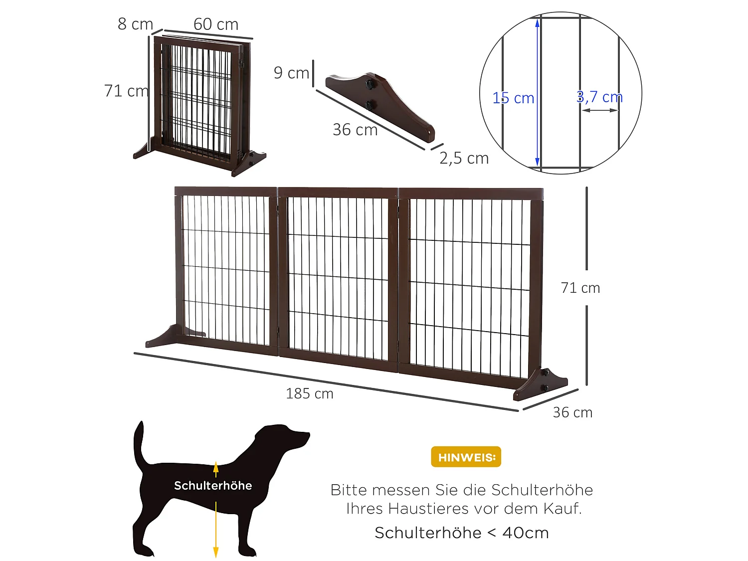 Faltbares Hundegitter mit 3 Paneelen aus Kiefernholz und Metall, braun, 185 x 36 x 71 cm