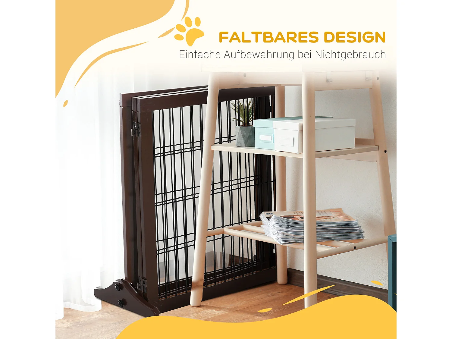 Faltbares Hundegitter mit 3 Paneelen aus Kiefernholz und Metall, braun, 185 x 36 x 71 cm