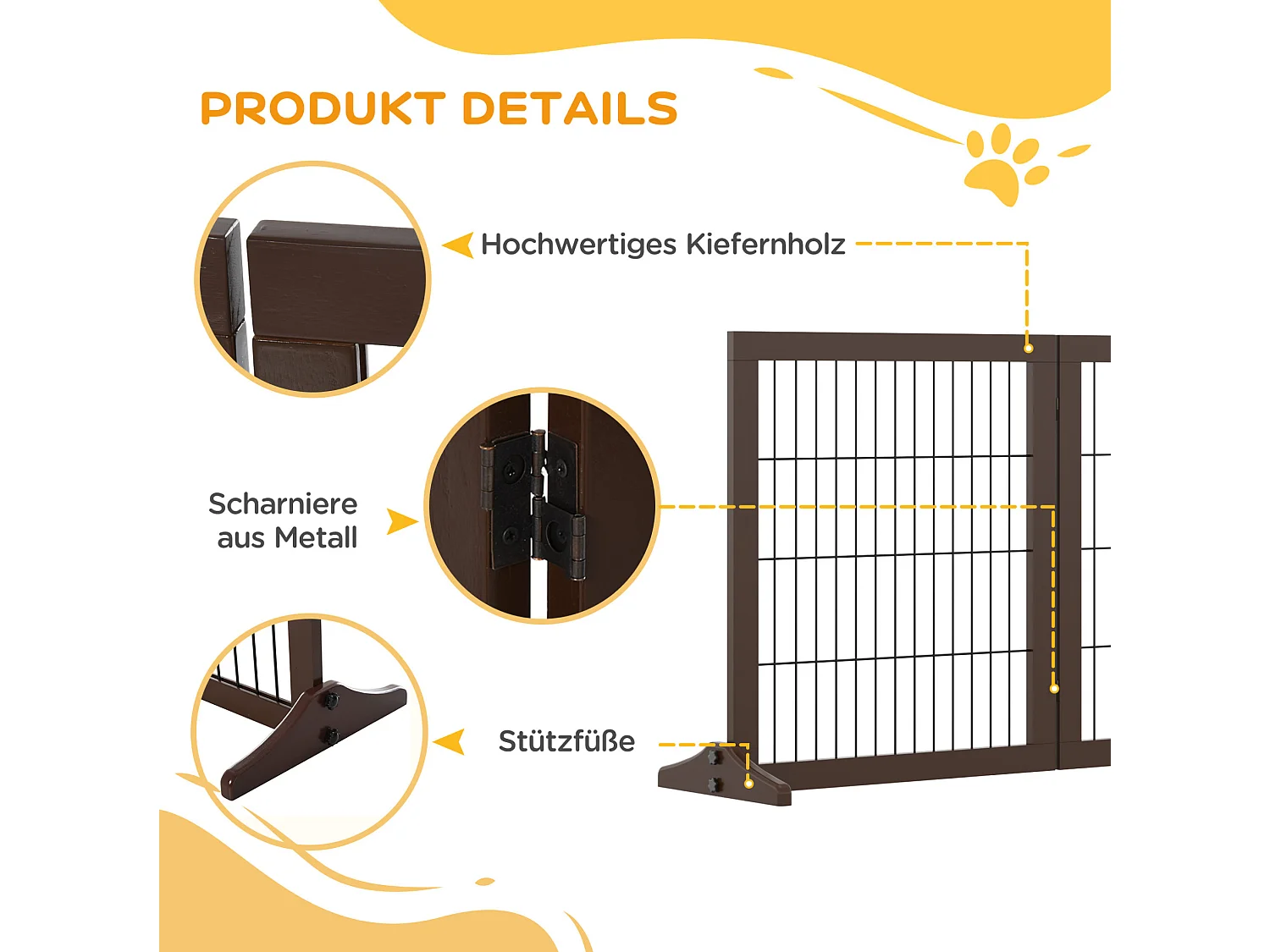 Faltbares Hundegitter mit 3 Paneelen aus Kiefernholz und Metall, braun, 185 x 36 x 71 cm