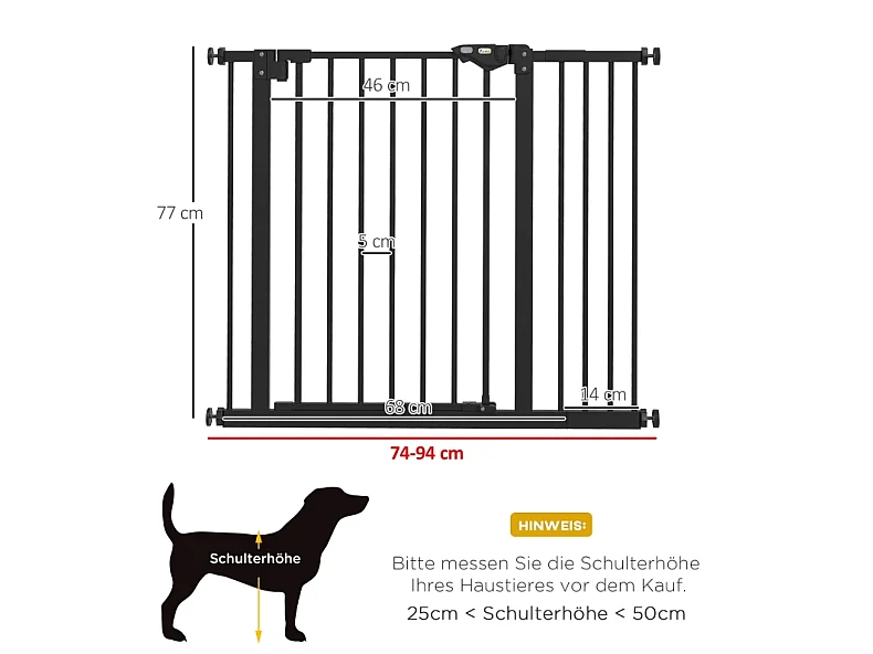 Sicherheitsgitter für Hunde aus Metall und Kunststoff, Breite 74 bis 80 oder 87 bis 94 cm verstellbar, schwarz