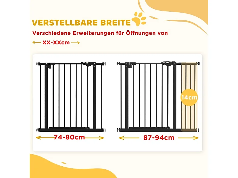 Sicherheitsgitter für Hunde aus Metall und Kunststoff, Breite 74 bis 80 oder 87 bis 94 cm verstellbar, schwarz