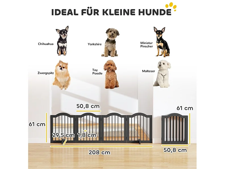 Faltbares, freistehendes Hundegitter aus Massivholz und MDF, 4 Paneelen, 208 x 61 cm, schwarz