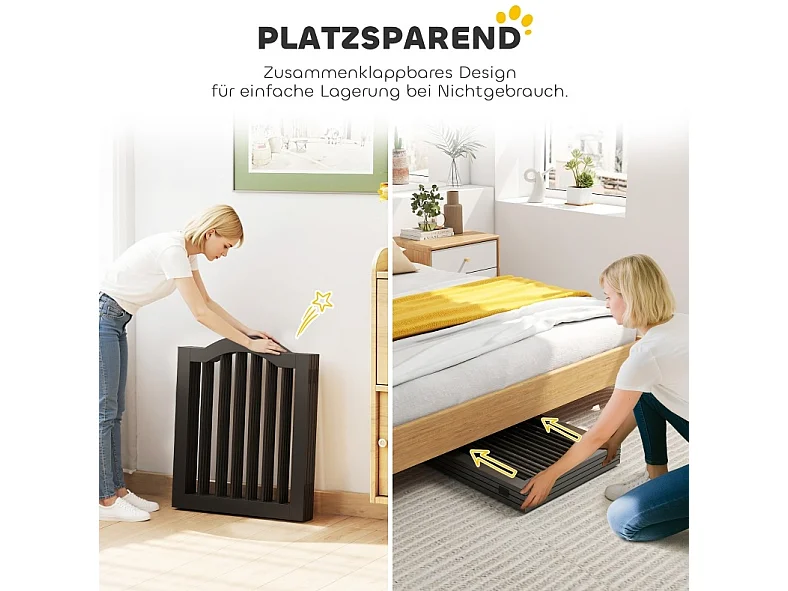 Faltbares, freistehendes Hundegitter aus Massivholz und MDF, 4 Paneelen, 208 x 61 cm, schwarz