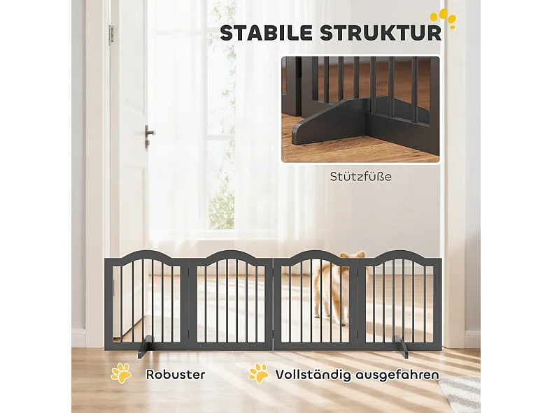 Faltbares, freistehendes Hundegitter aus Massivholz und MDF, 4 Paneelen, 208 x 61 cm, schwarz