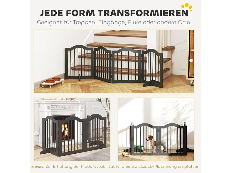 Faltbares, freistehendes Hundegitter aus Massivholz und MDF, 4 Paneelen, 208 x 61 cm, schwarz