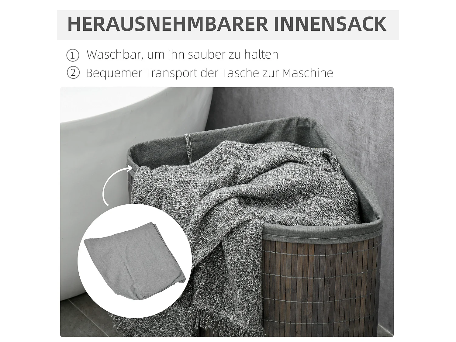 Eck-Wäschekorb aus grauem Bambus mit Deckel und herausnehmbarem Sack, 55 l