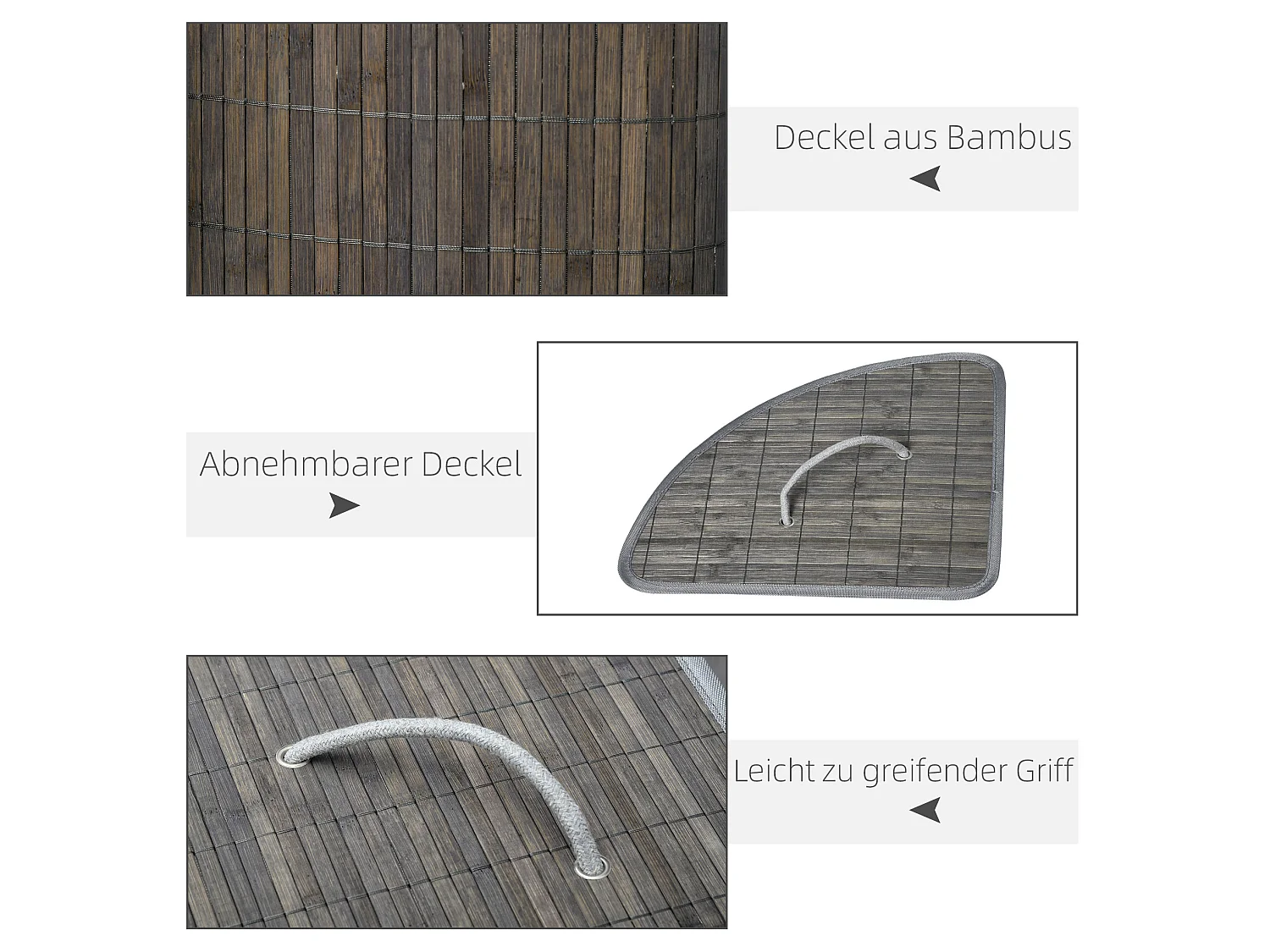 Eck-Wäschekorb aus grauem Bambus mit Deckel und herausnehmbarem Sack, 55 l
