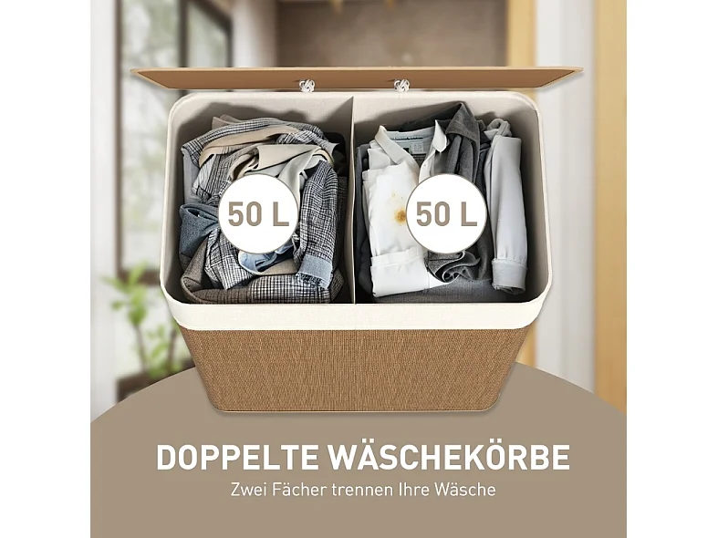 Wäschekorb, 100 l, aus braunem Bambus mit Deckel, herausnehmbarem Beutel und Seitenhenkeln