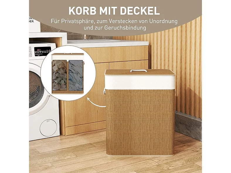 Wäschekorb, 100 l, aus braunem Bambus mit Deckel, herausnehmbarem Beutel und Seitenhenkeln