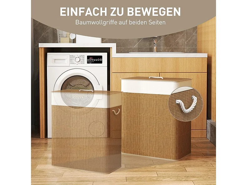 Wäschekorb, 100 l, aus braunem Bambus mit Deckel, herausnehmbarem Beutel und Seitenhenkeln