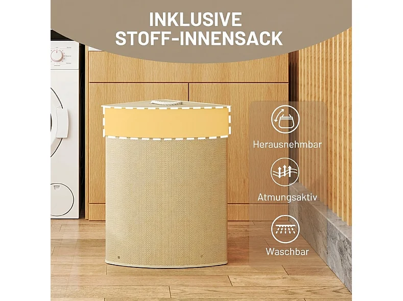 Eck-Wäschekorb aus Bambus, 55 Liter, waschbarer Sack, Deckel und Metallgestell, Naturholz