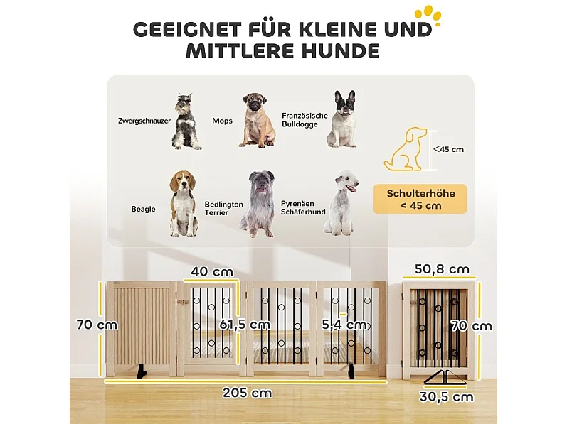 Freistehendes Hundegitter mit 4 Paneelen und Türchen, faltbar, aus Holz und Stahl, Eichenoptik, Höhe 70 cm